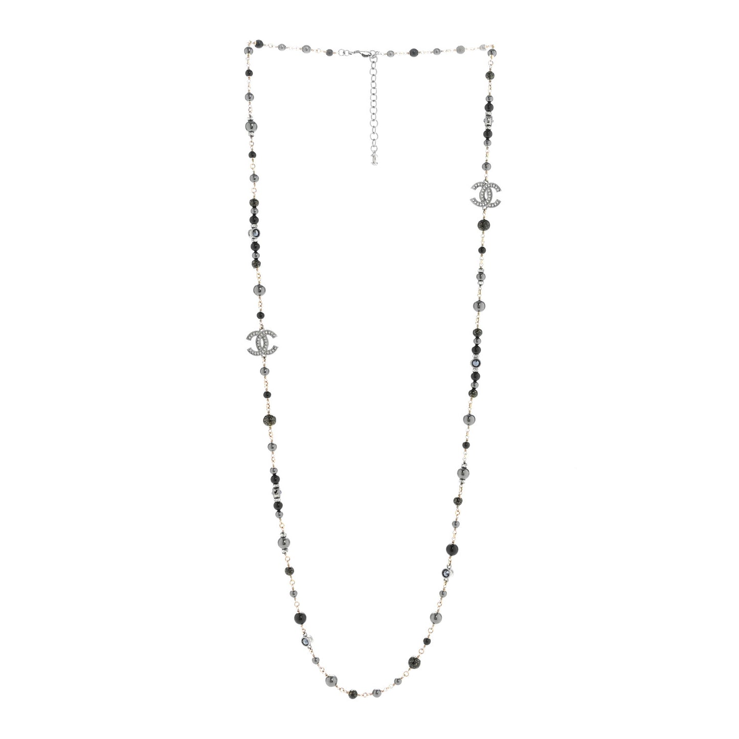 Pearl Bead Crystal CC Long Necklace Black Gold