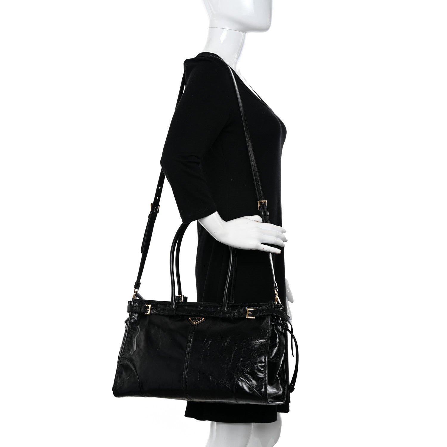 Prada Glossy Calfskin Triangle Large Bonnie Shoulder Bag Black 2 of 11