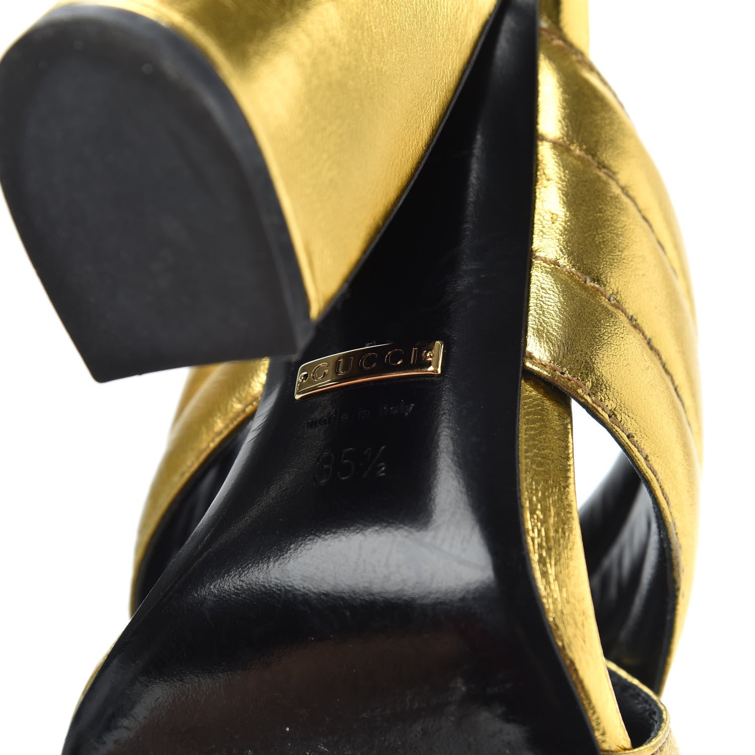 Gucci Metallic Nappa Webby Crossover High Heel Slide Sandals 35.5 Oro Vecchio 7 of 9
