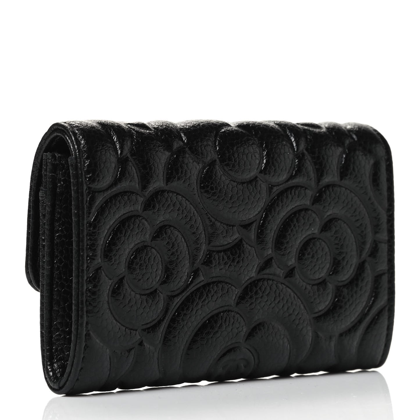 Caviar Camellia Embossed Card Holder Wallet Black