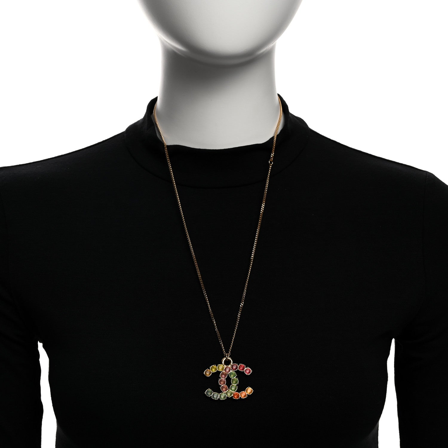 Chanel Crystal CC Pendant Necklace Gold Multicolor 2 of 6