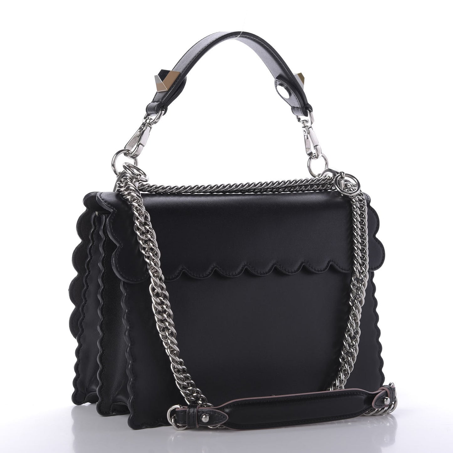 Vitello Liberty Pearl Bi-Color Flowers and Bows Scalloped Studded Kan I Shoulder Bag Black Camelia