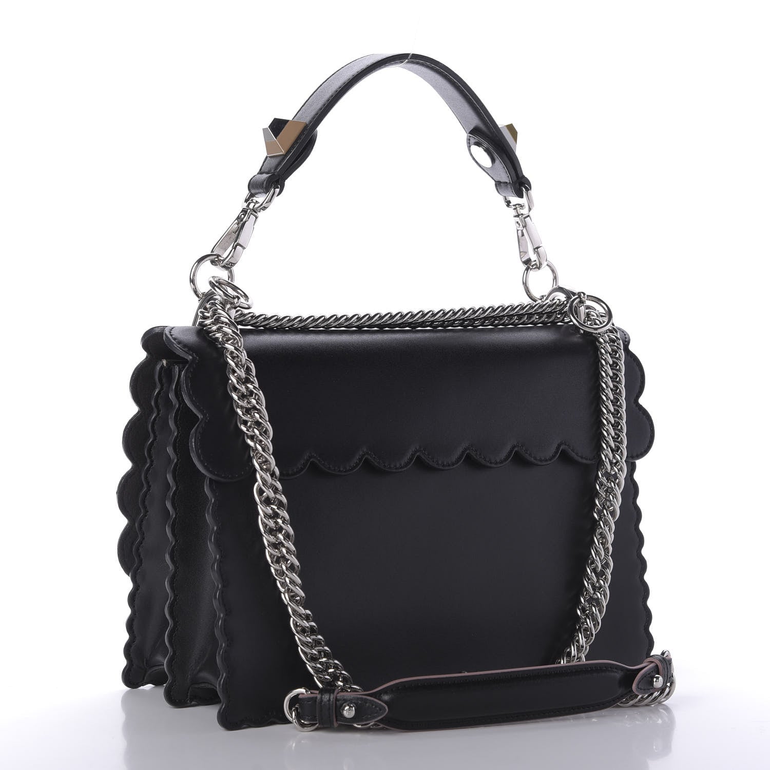 Fendi Vitello Liberty Pearl Bi-Color Flowers and Bows Scalloped Studded Kan I Shoulder Bag Black Camelia 4 of 10