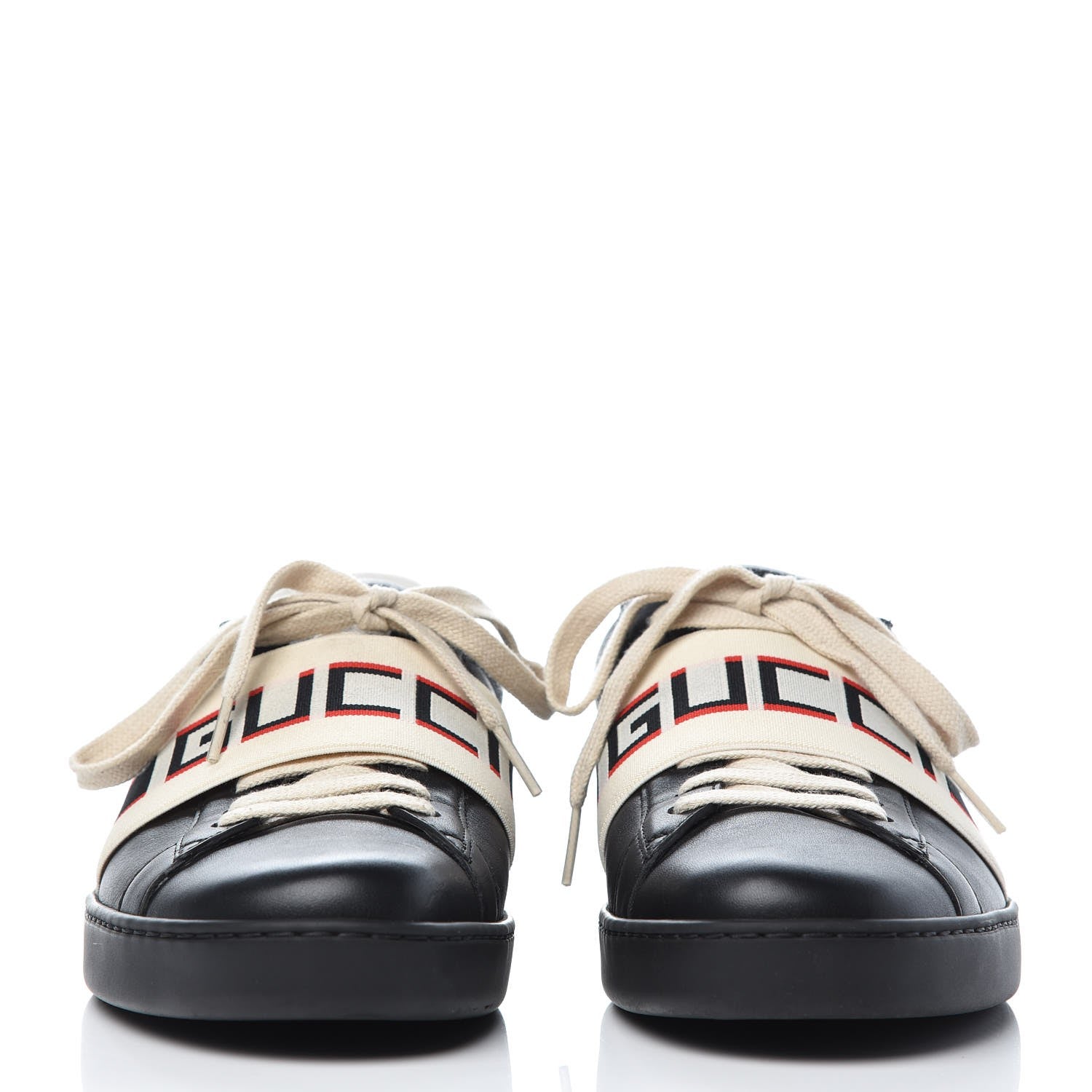 Gucci Calfskin Stripe Mens New Ace Sneakers 8 Black Ecru Red Flame 2 of 10