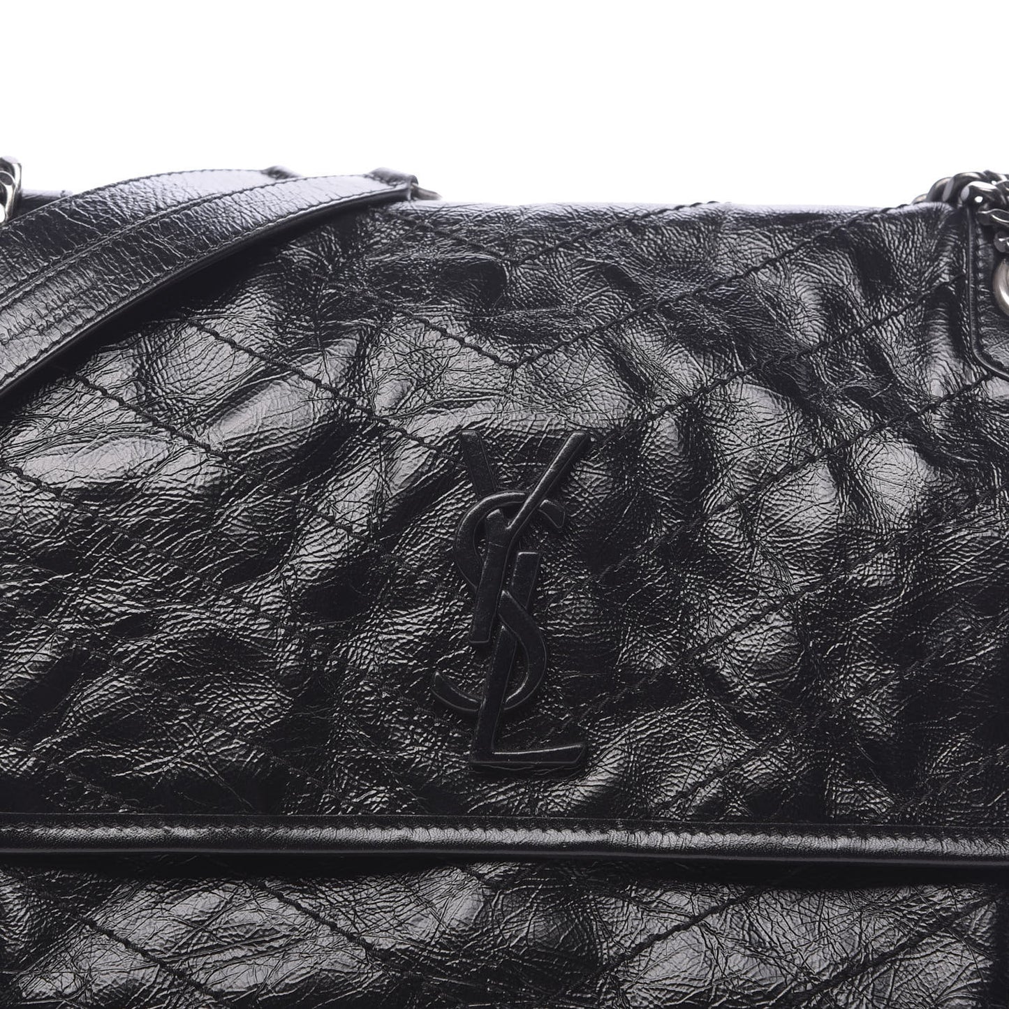 Crinkled Calfskin Matelasse Monogram Medium Niki Chain Satchel Black