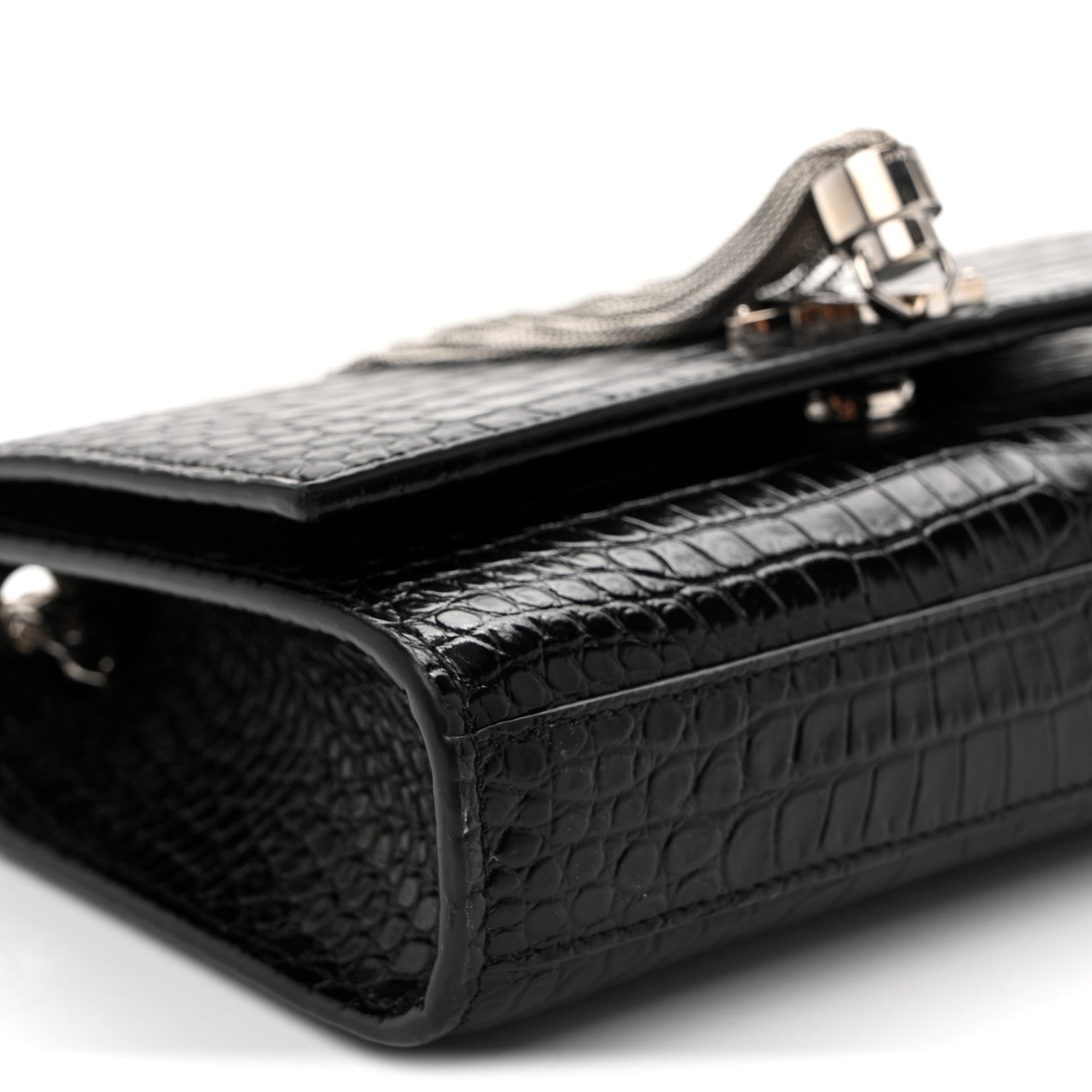 Saint Laurent Calfskin Crocodile Embossed Small Classic Monogram Kate Tassel Satchel Black 8 of 9