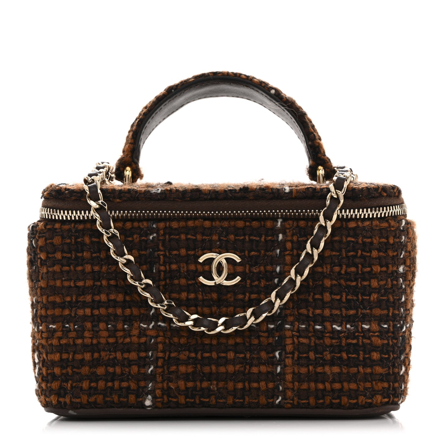 Tweed Small Top Handle Vanity Case With Chain Brown Multicolor