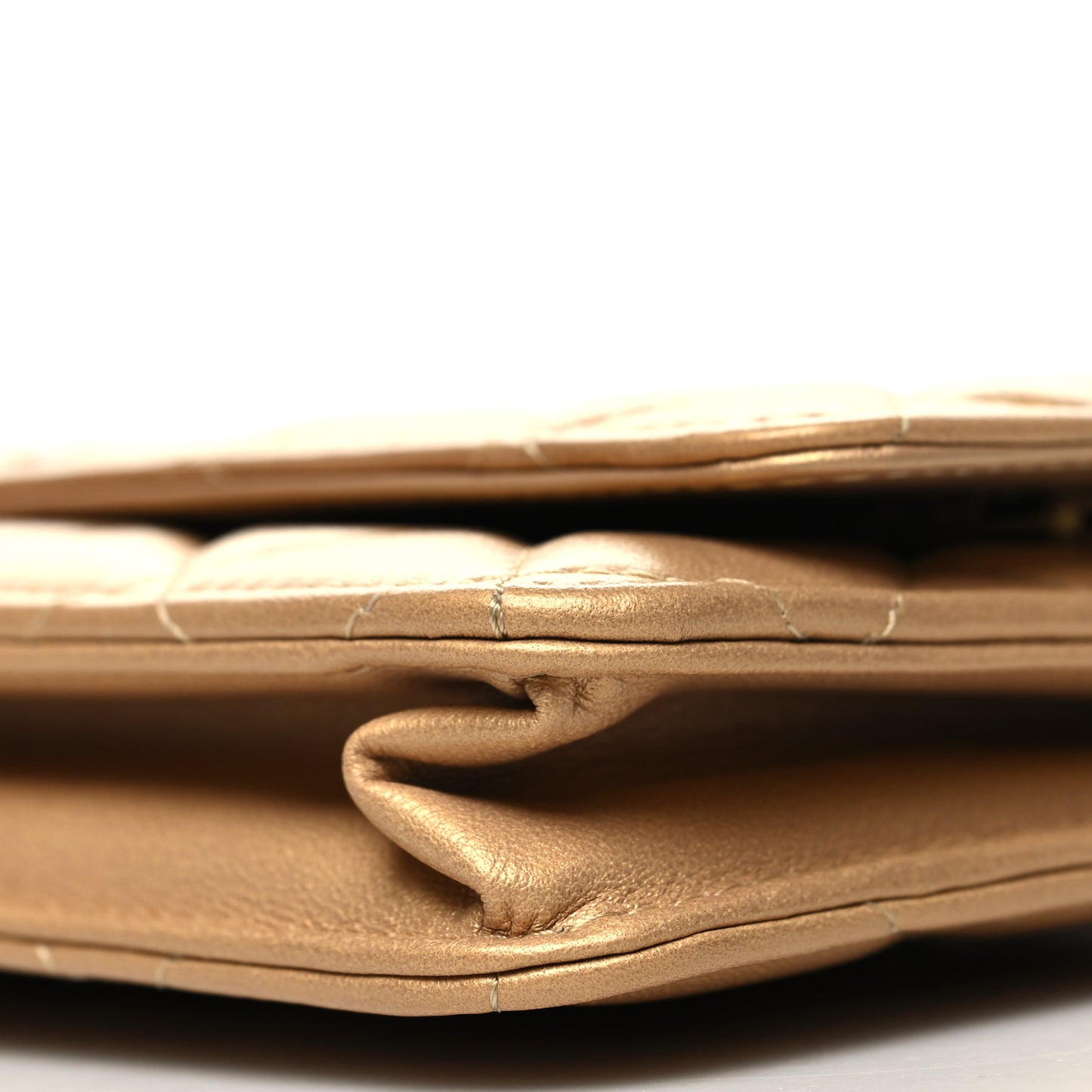 Metallic Lambskin Quilted Enamel Wallet On Chain WOC Gold