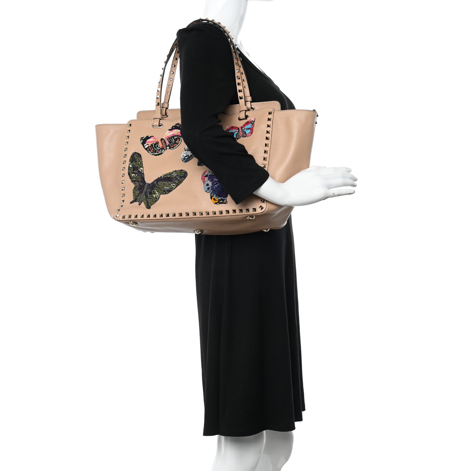Valentino Garavani Vitello Butterfly Embellished Medium Rockstud Tote Camel Rose Multicolor 2 of 13