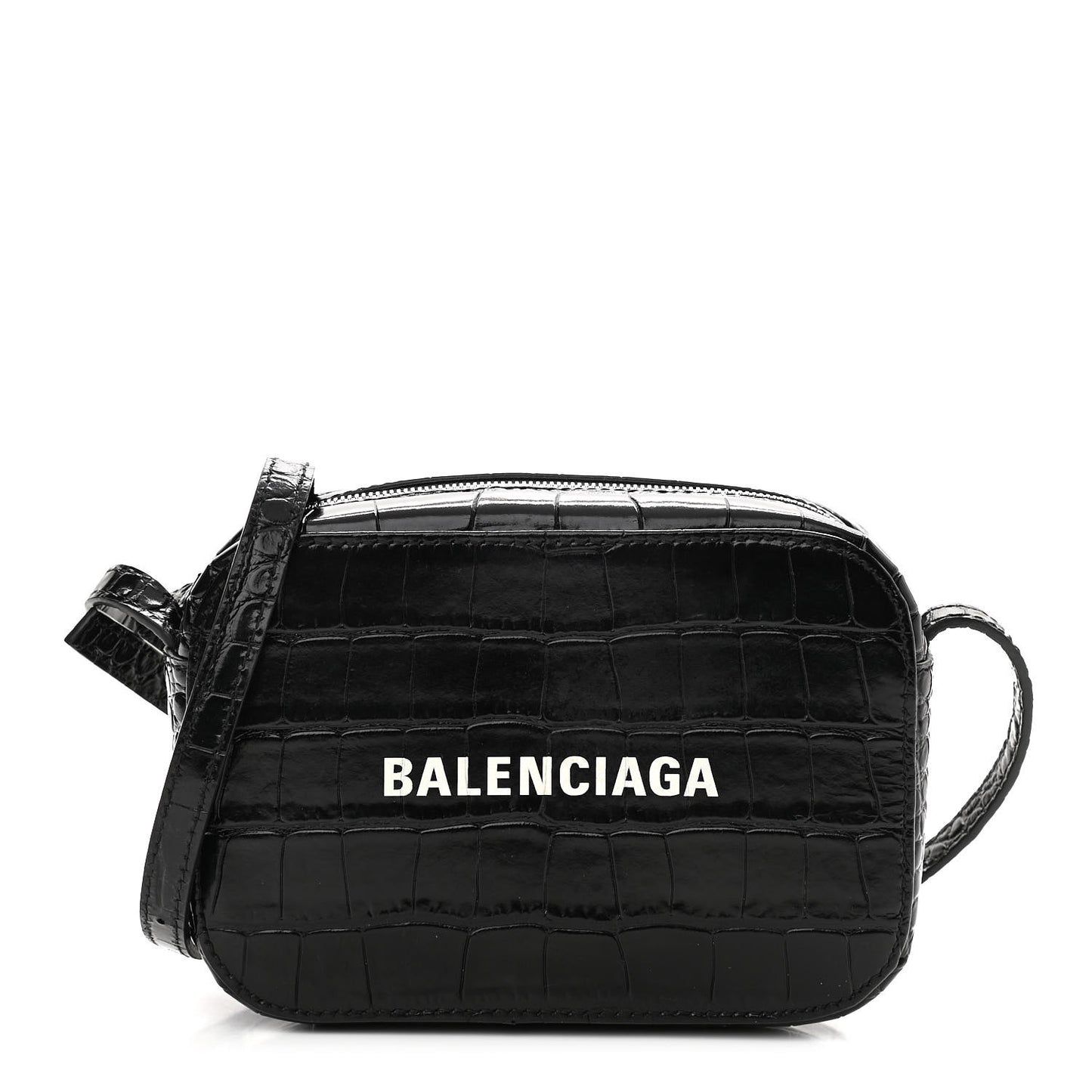 Shiny Calfskin Logo Crocodile Embossed XS Everyday Camera Bag Black