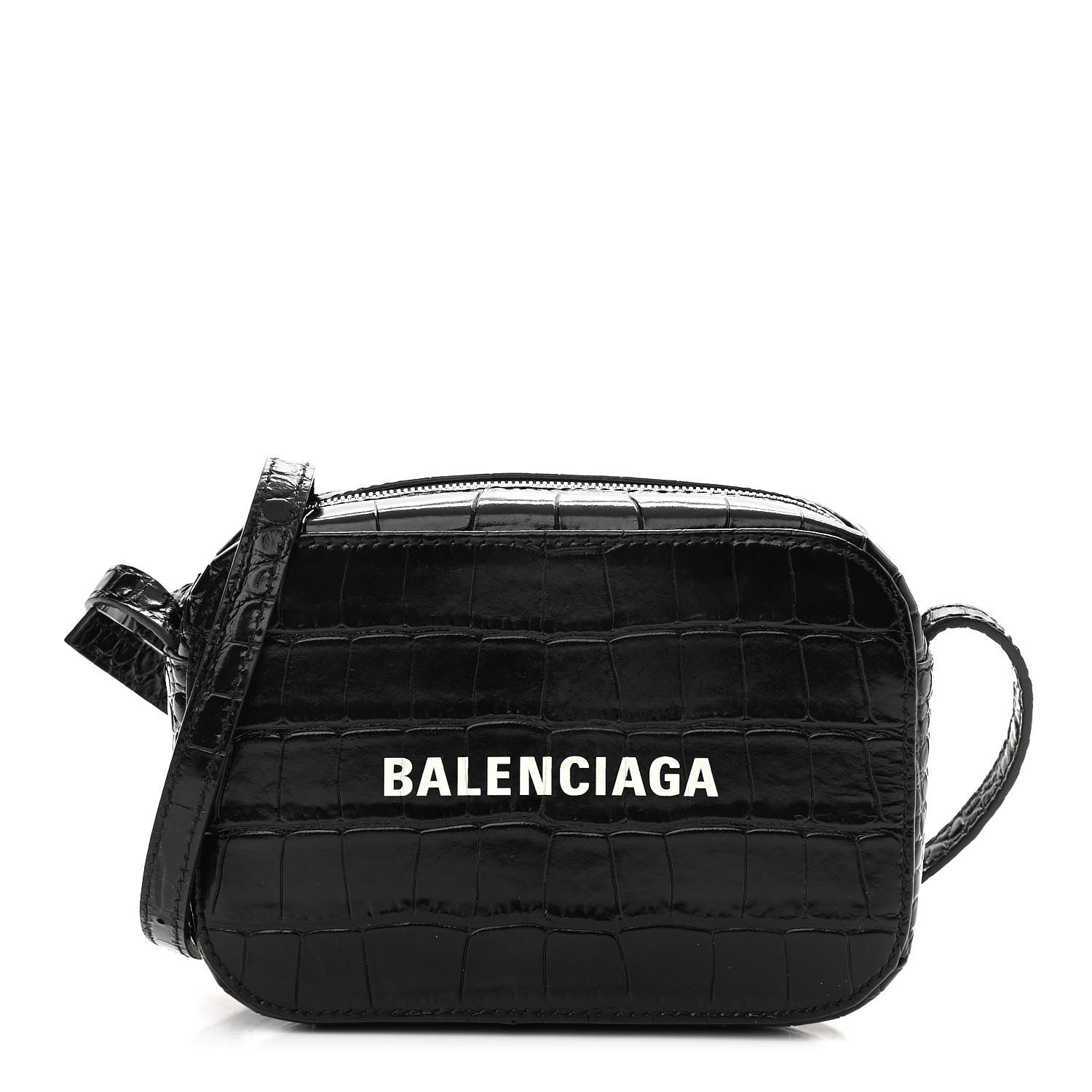 Balenciaga Shiny Calfskin Logo Crocodile Embossed XS Everyday Camera Bag Black 1 of 10