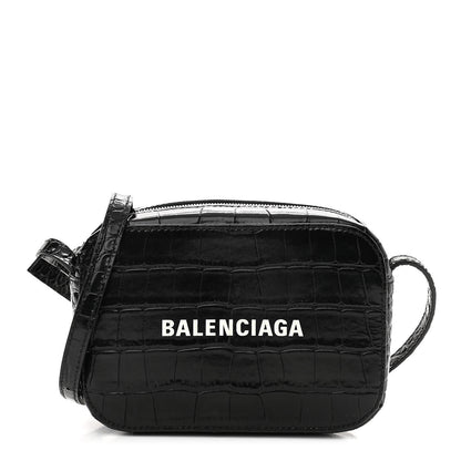 Balenciaga Shiny Calfskin Logo Crocodile Embossed XS Everyday Camera Bag Black 1 of 10