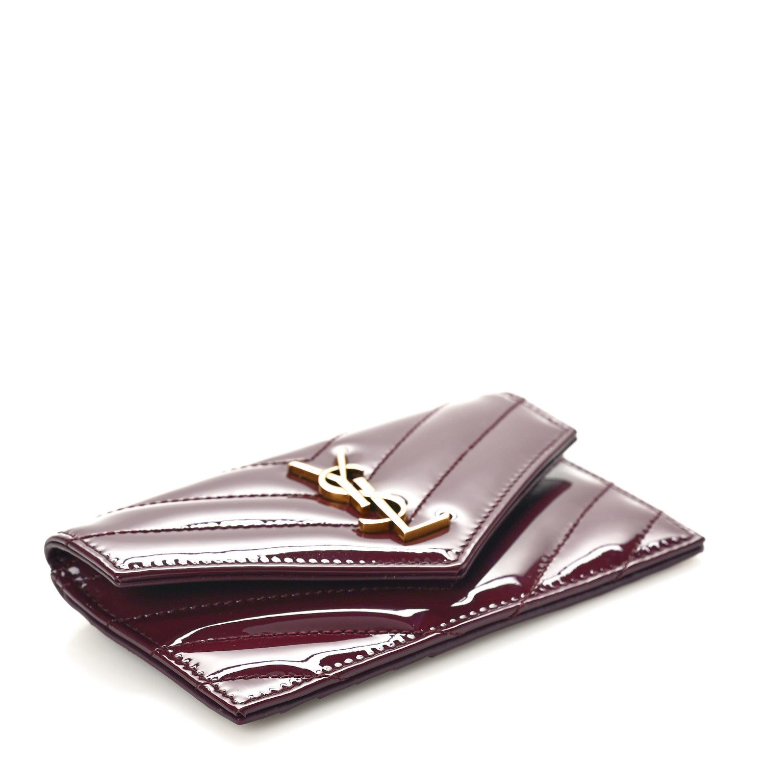 Saint Laurent Patent Calfskin Matelasse Chevron Cassandre Fragments Zippered Card Case Dark Red Wine 4 of 8