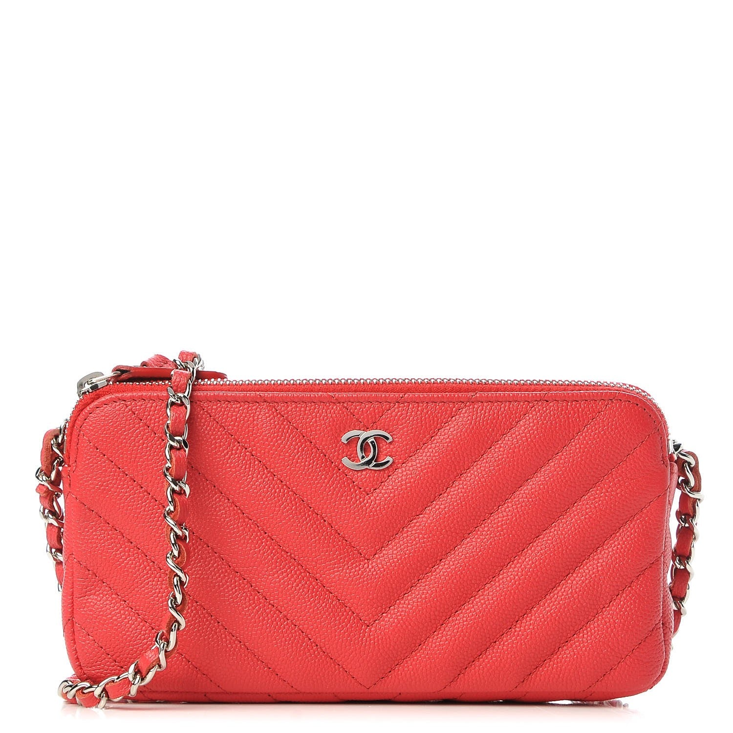 Chanel Caviar Chevron Quilted Small Clutch With Chain Light Red 1 of 11