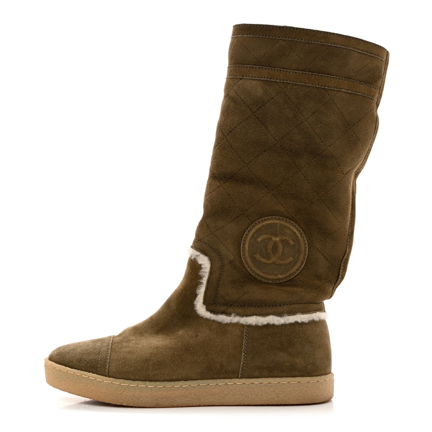 Chanel Suede Shearling Boots 36.5 Khaki 1 of 8