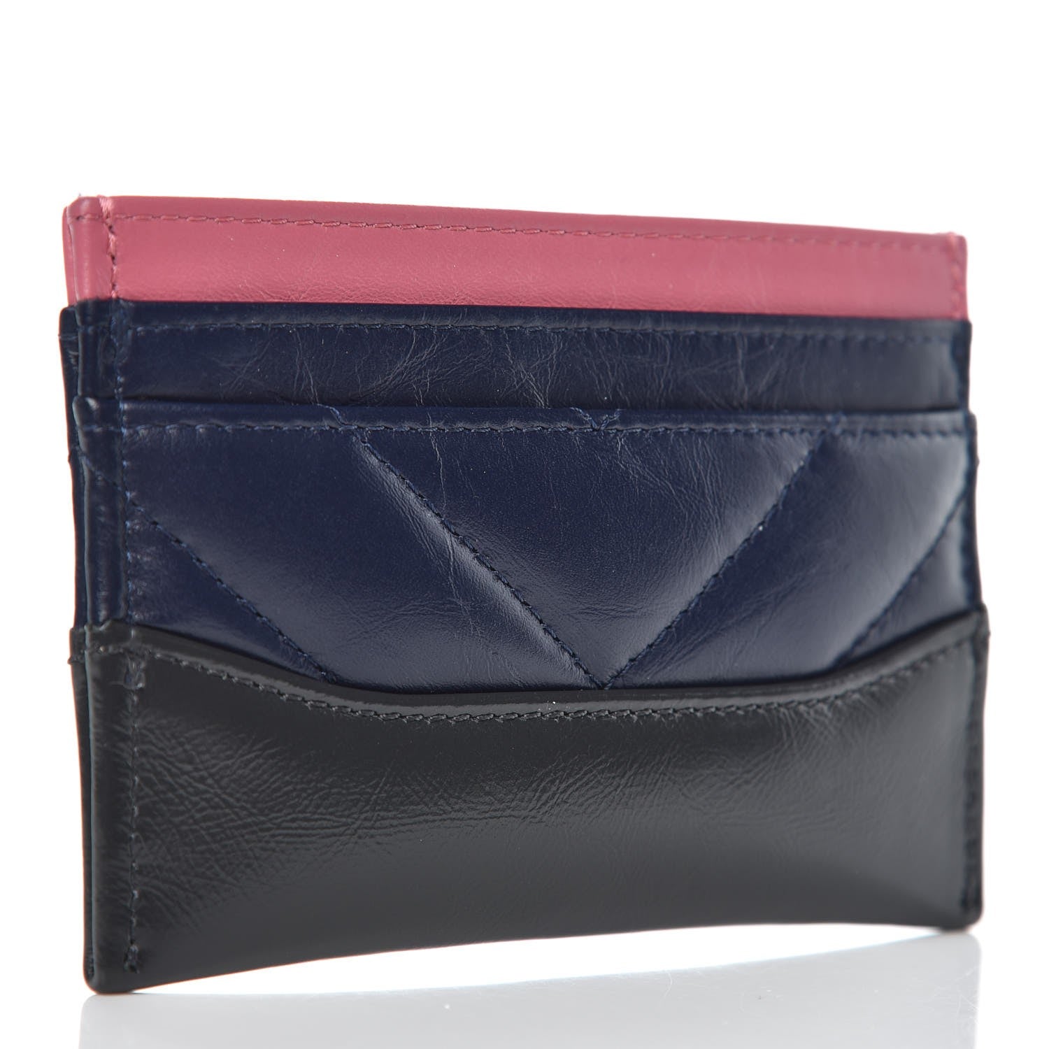 Chanel Aged Calfskin Chevron Quilted Gabrielle Card Holder Wallet Pink Navy Charcoal 3 of 9