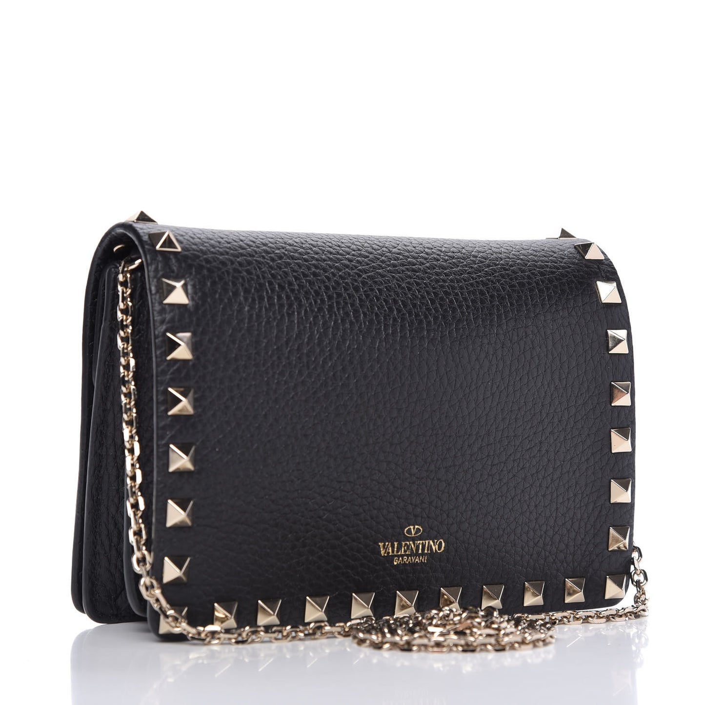 Pebbled Calfskin Rockstud Wallet on Chain Black