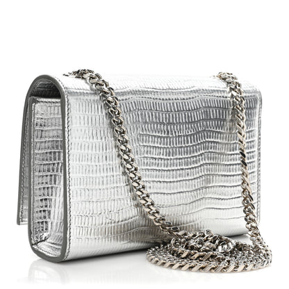 Saint Laurent Metallic Calfskin Crocodile Embossed Small Classic Monogram Kate Tassel Satchel Silver 3 of 11