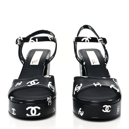 Chanel Printed Lambskin CC Platform Sandals 40 Black White 2 of 9
