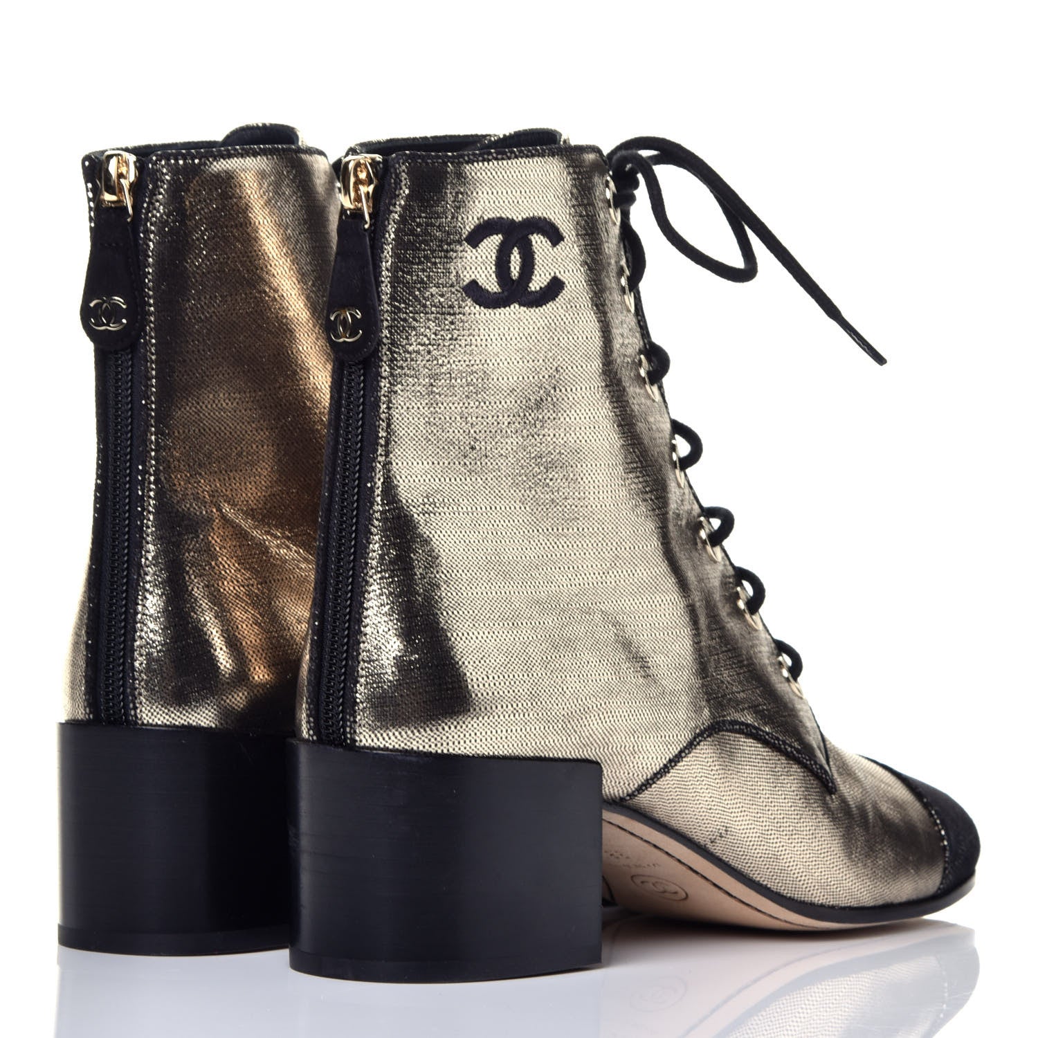 Chanel Laminated Calfskin CC Lace Up Short Boots 38.5 Gold Silver 4 of 8