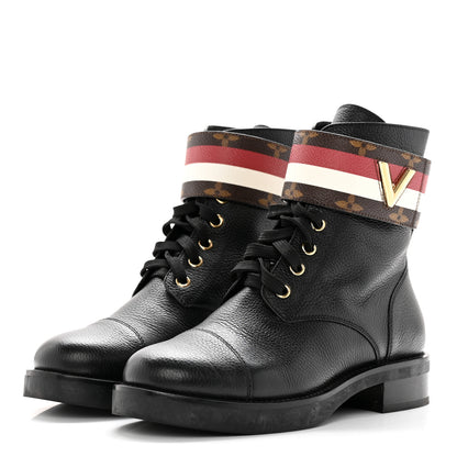 Louis Vuitton Calfskin Monogram Wonderland Flat Ranger Boots 36 Black Red White 3 of 15