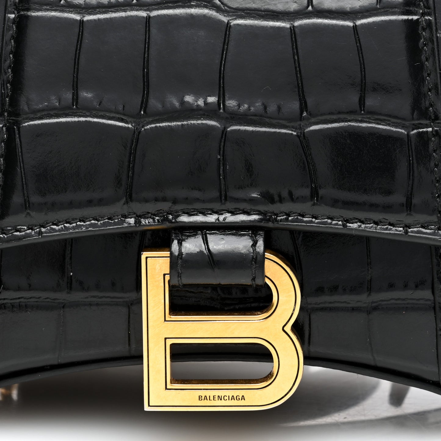 Shiny Calfskin Crocodile Embossed Hourglass Top Handle Bag XS Black