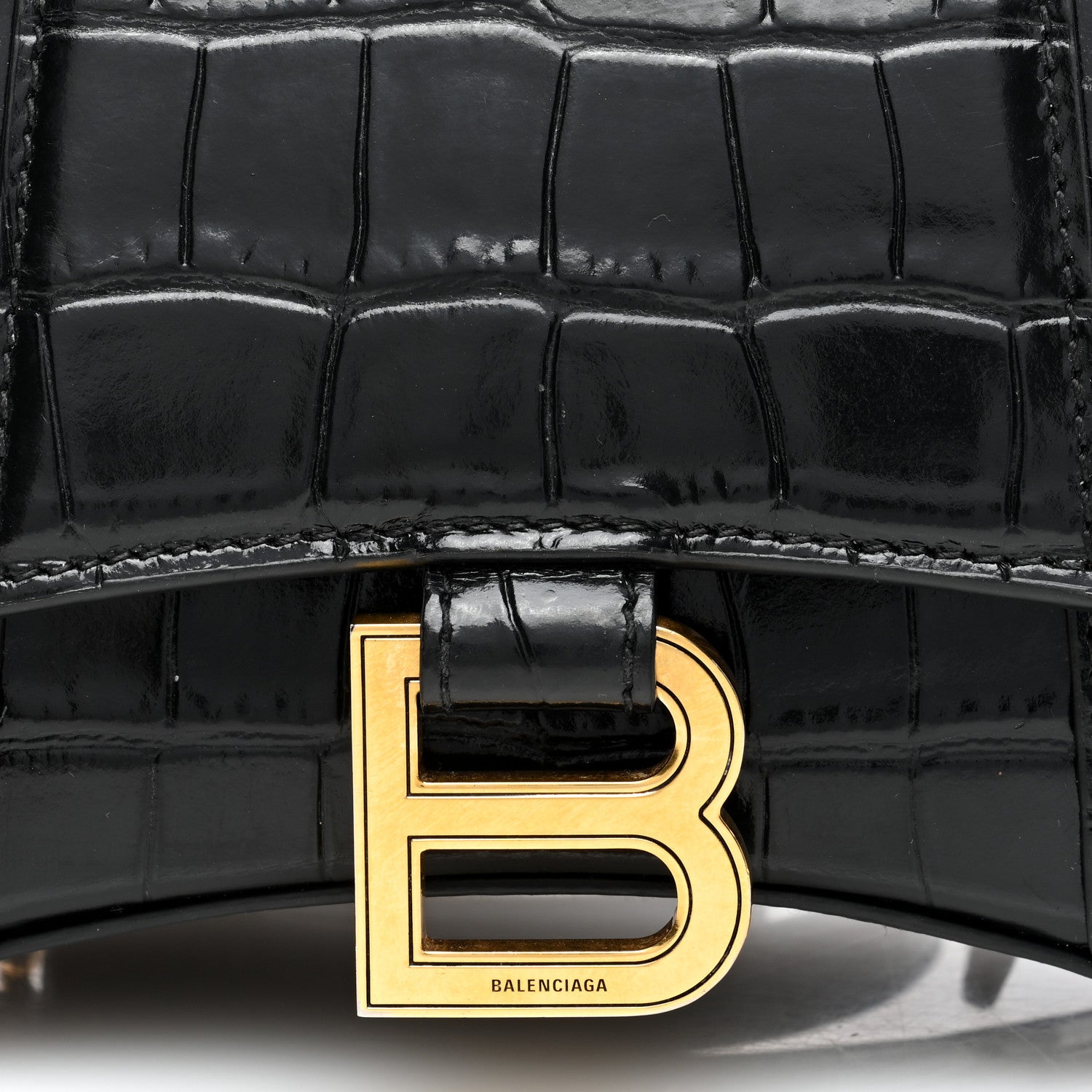 Balenciaga Shiny Calfskin Crocodile Embossed Hourglass Top Handle Bag XS Black 7 of 9