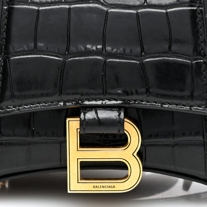 Balenciaga Shiny Calfskin Crocodile Embossed Hourglass Top Handle Bag XS Black 7 of 9