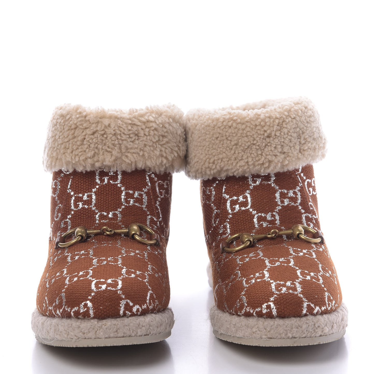 Canvas Wool Lame GG Monogram Womens Fria Horsebit Ankle Boots 39 Burnt Orange Silver Butterscotch
