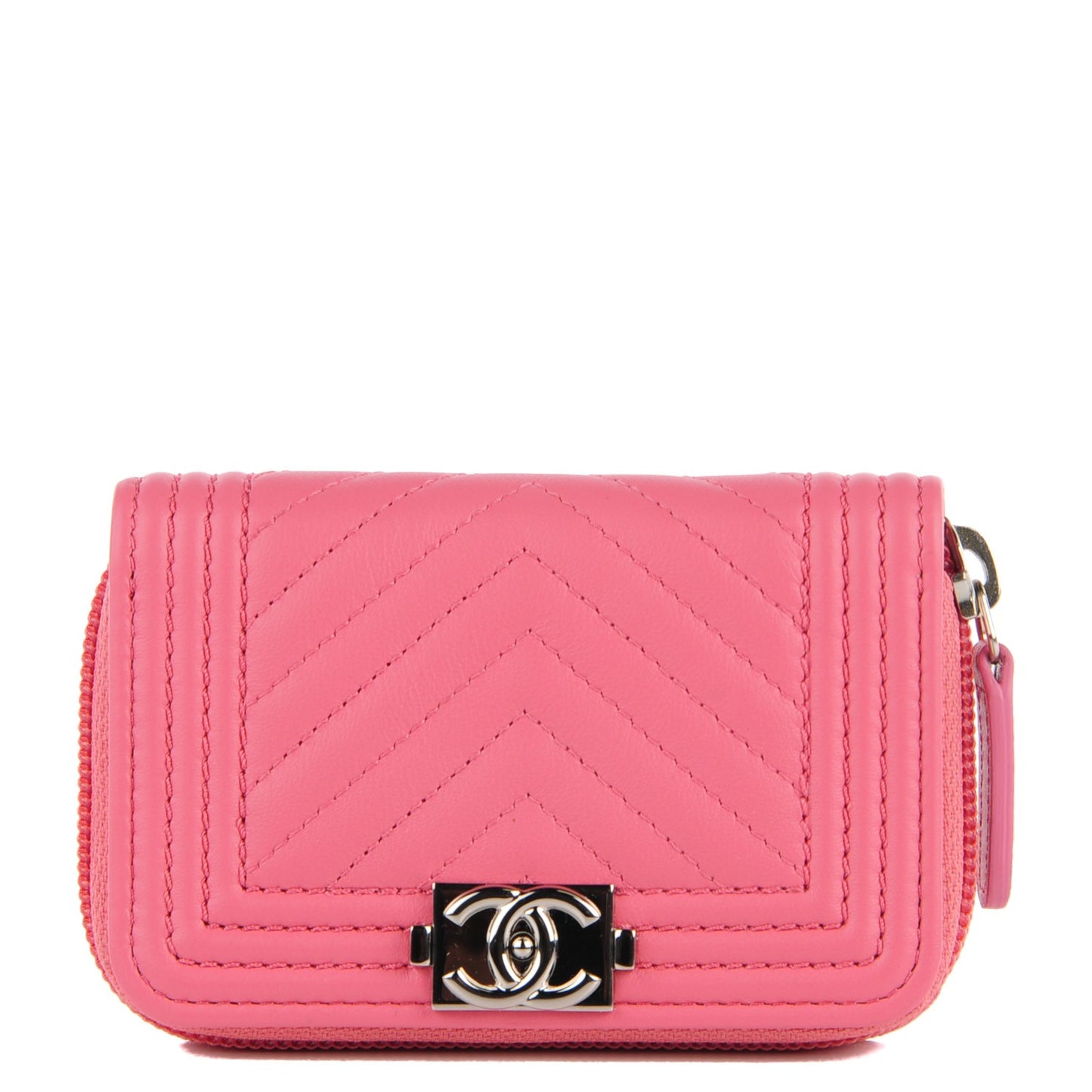 Calfskin Chevron Zip Around Boy Coin Purse Wallet Pink