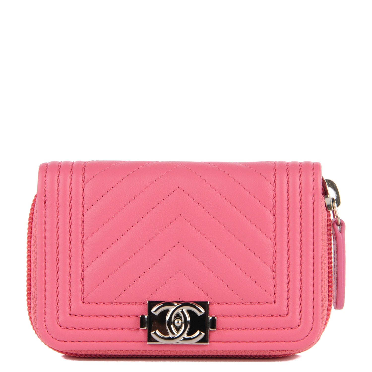 Chanel Calfskin Chevron Zip Around Boy Coin Purse Wallet Pink 1 of 6