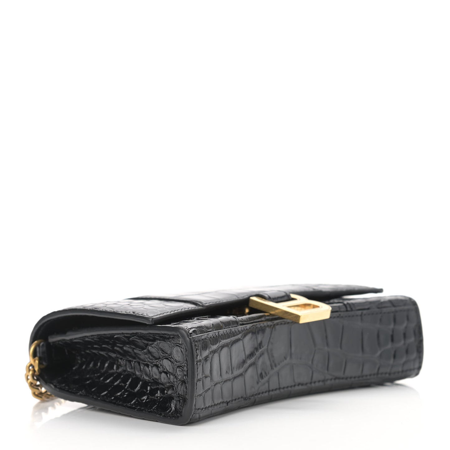 Shiny Calfskin Crocodile Embossed Hourglass Chain Bag Black