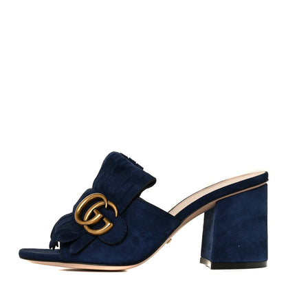 Gucci Kid Scamosciato GG Marmont Fringe 75mm Slide Sandals 35 Blue Ink 1 of 7