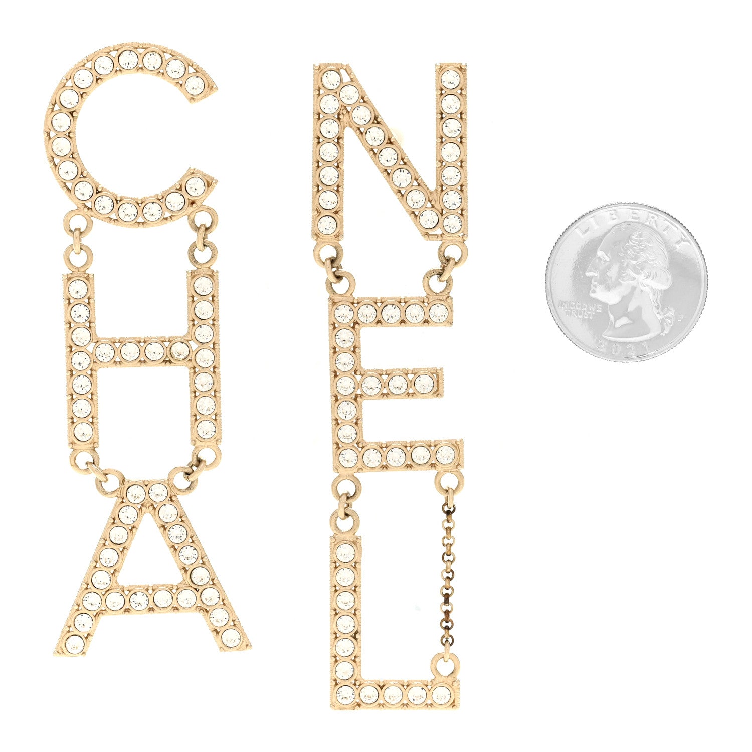 Chanel Crystal Cha-Nel Logo Drop Earrings Gold 2 of 4