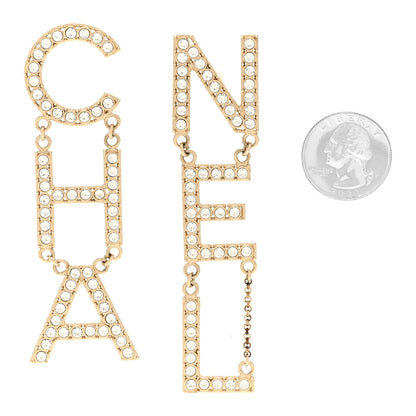 Chanel Crystal Cha-Nel Logo Drop Earrings Gold 2 of 4