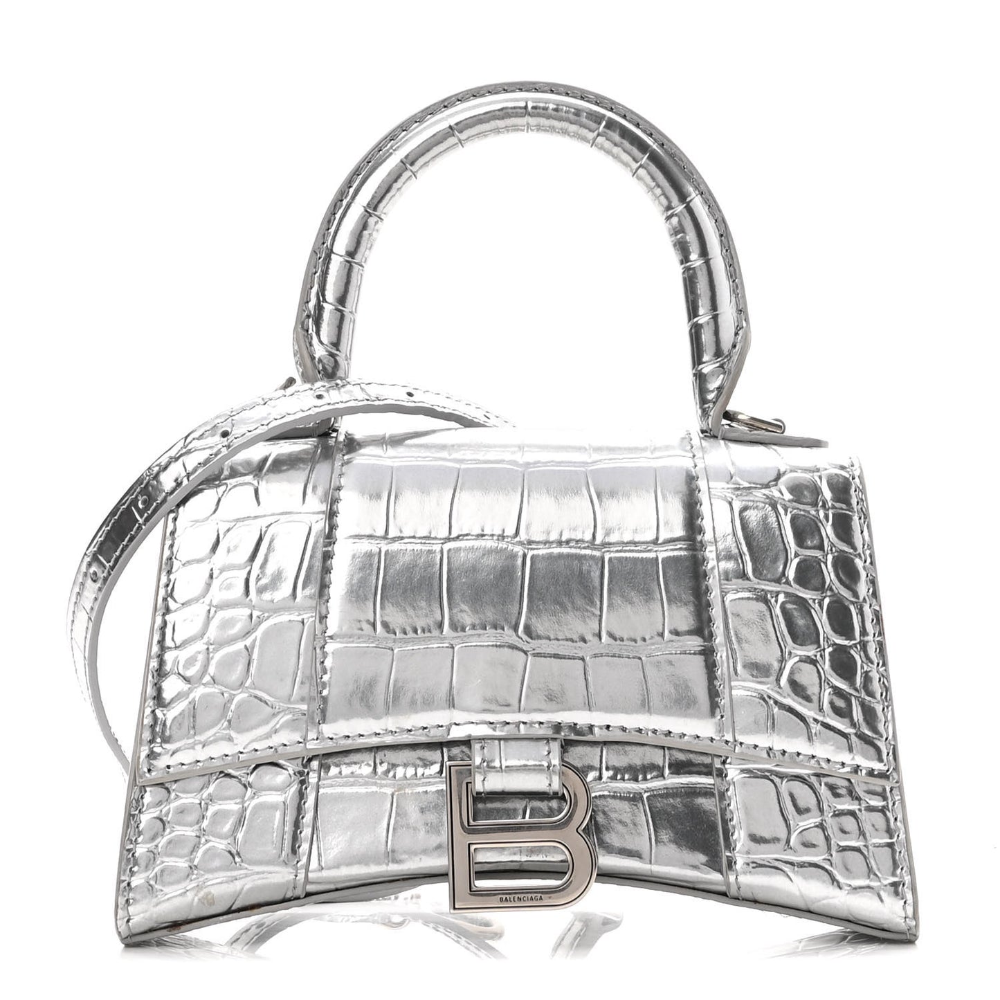 Metallic Calfskin Crocodile Embossed Hourglass Top Handle Bag XS Silver