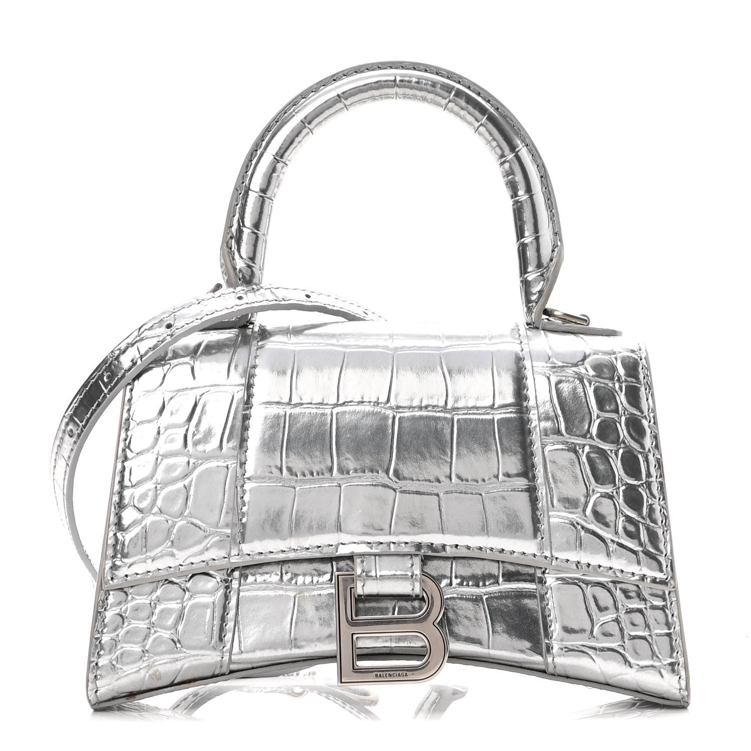 Balenciaga Metallic Calfskin Crocodile Embossed Hourglass Top Handle Bag XS Silver 1 of 9