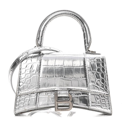 Balenciaga Metallic Calfskin Crocodile Embossed Hourglass Top Handle Bag XS Silver 1 of 9