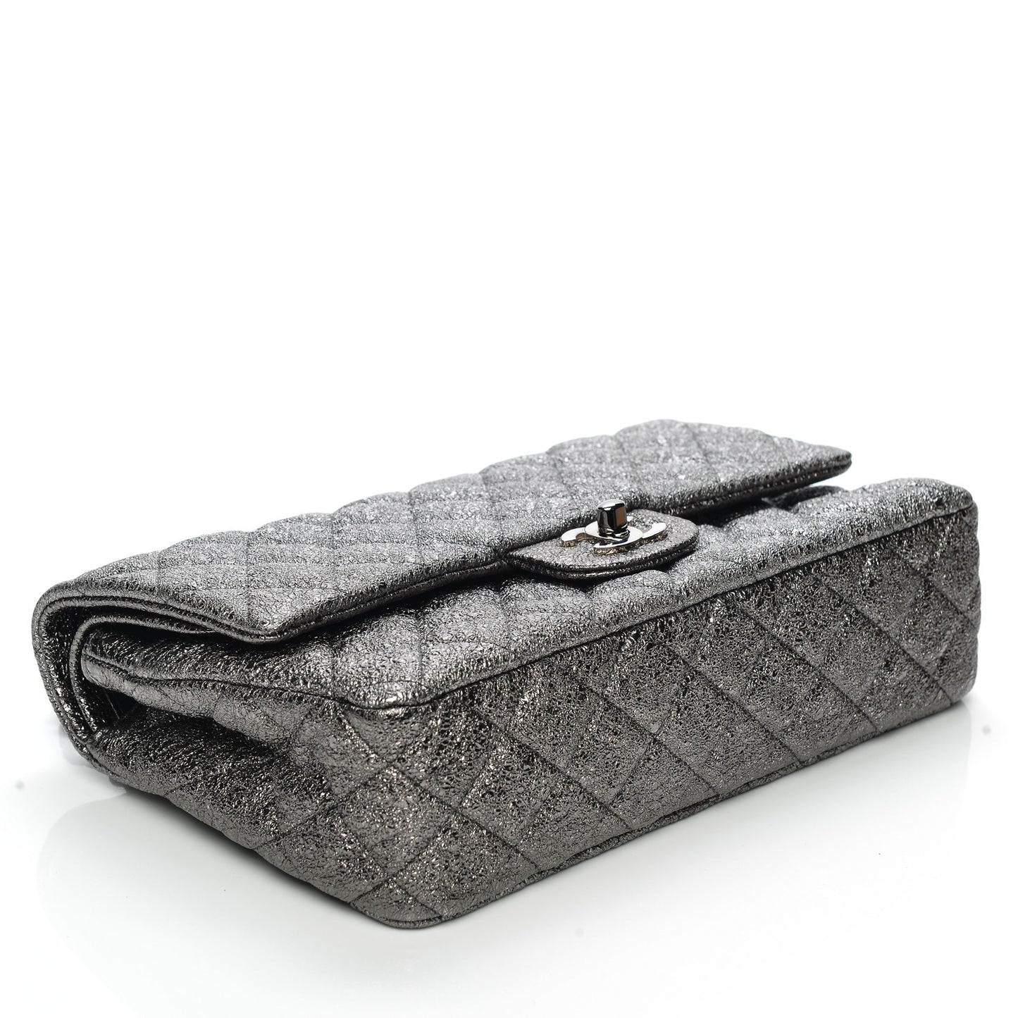 Metallic Crackled Calfskin Medium Double Flap Argent Fonce