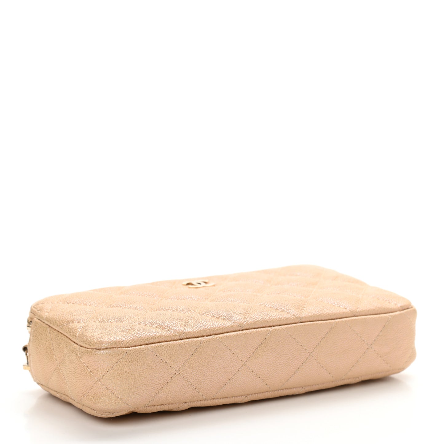 Iridescent Caviar Quilted Small Clutch With Chain Beige