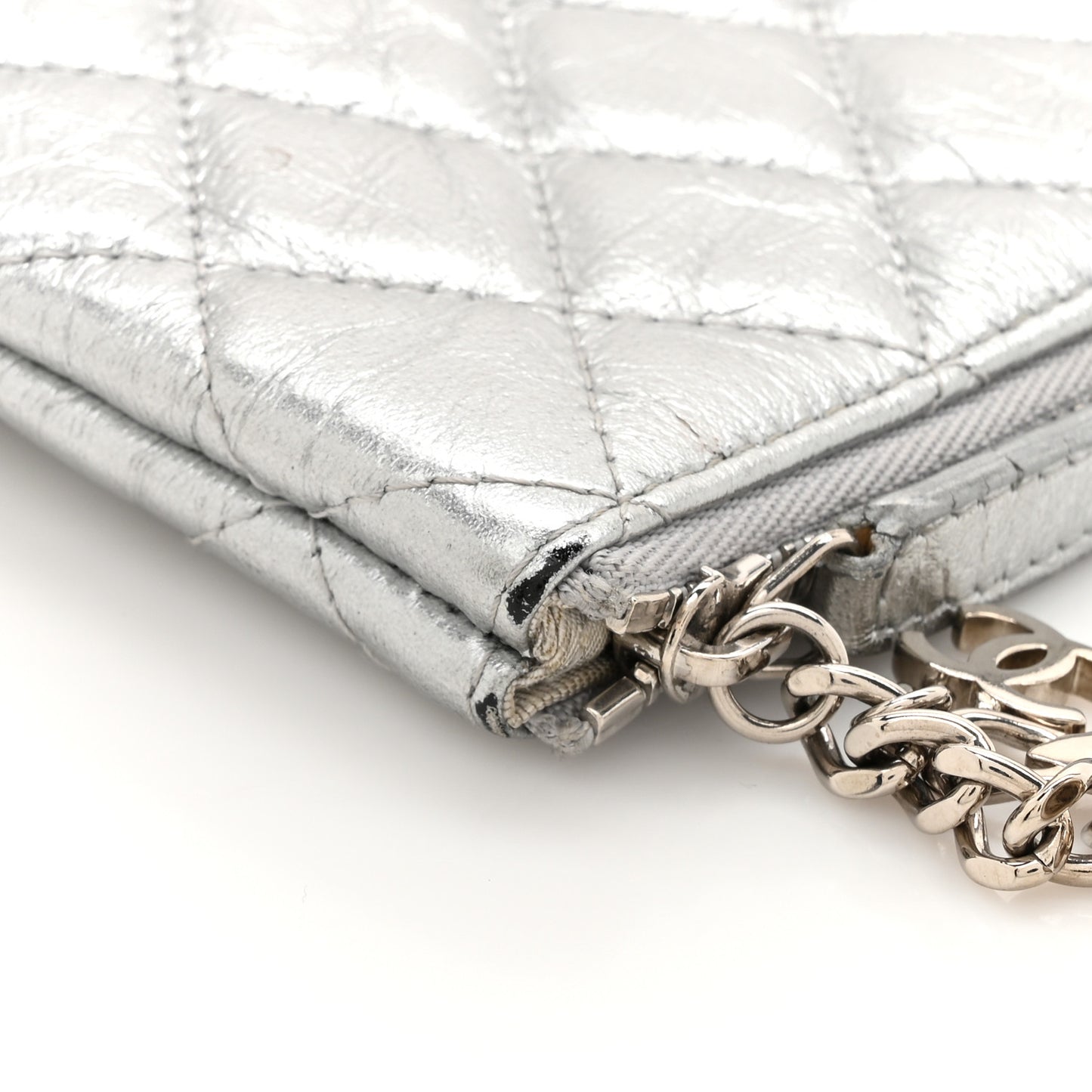 Metallic Aged Calfskin Quilted Small Cosmetic Pouch Silver