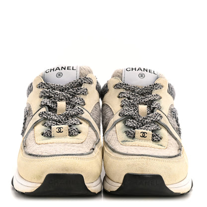 Chanel Fabric Suede Calfskin Womens CC Sneakers 37.5 Ivory Light Gray White 3 of 9