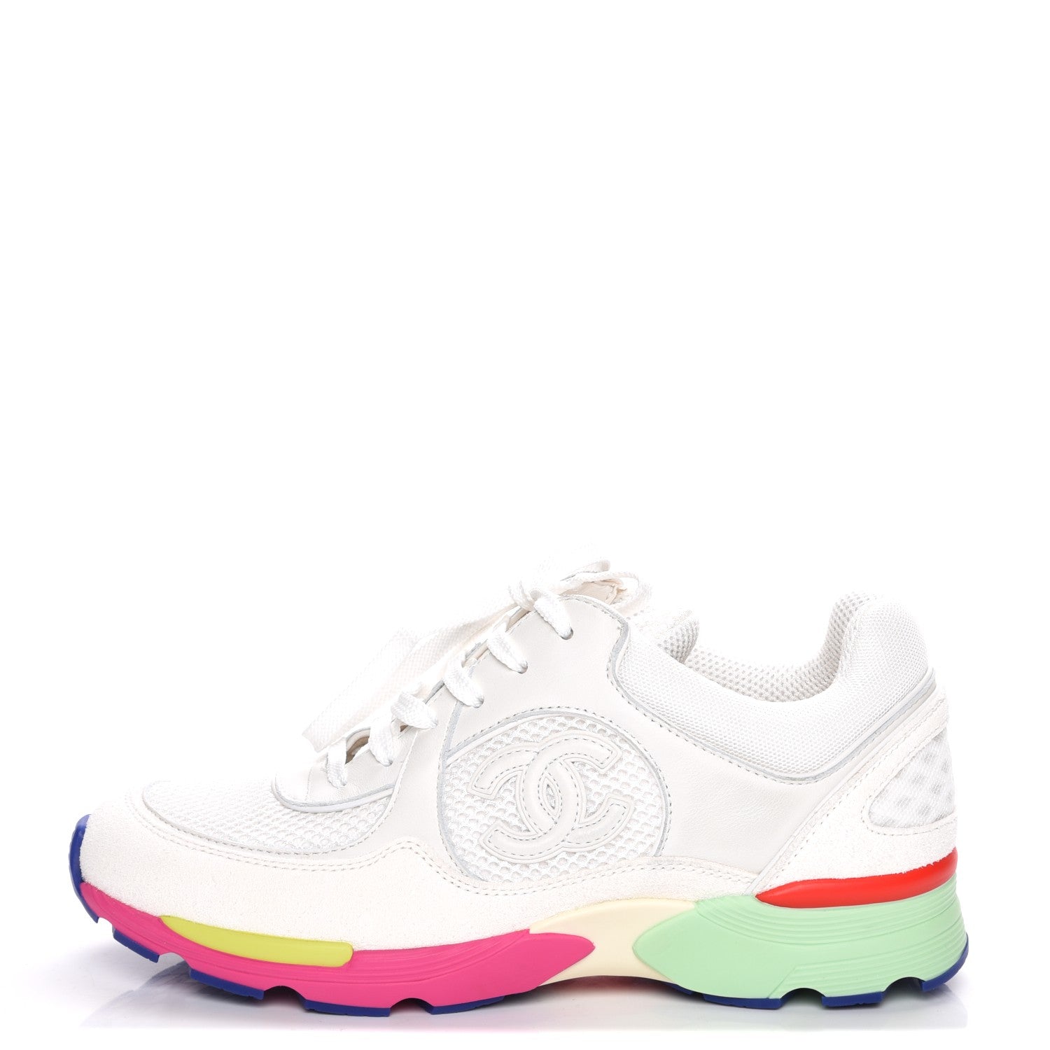 Chanel Suede Calfskin CC Sneakers 37 White Pink Green 1 of 9