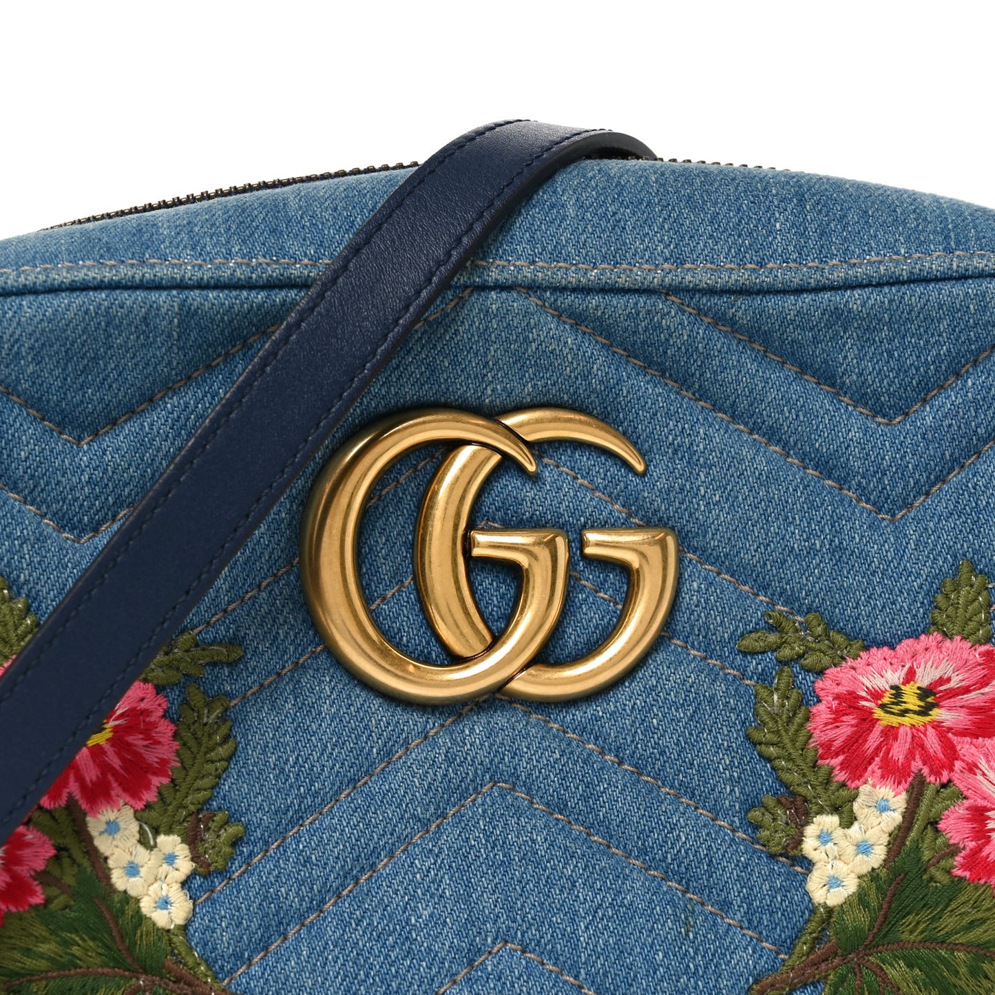 Denim Matelasse Embroidered Small GG Marmont Chain Shoulder Bag Blue