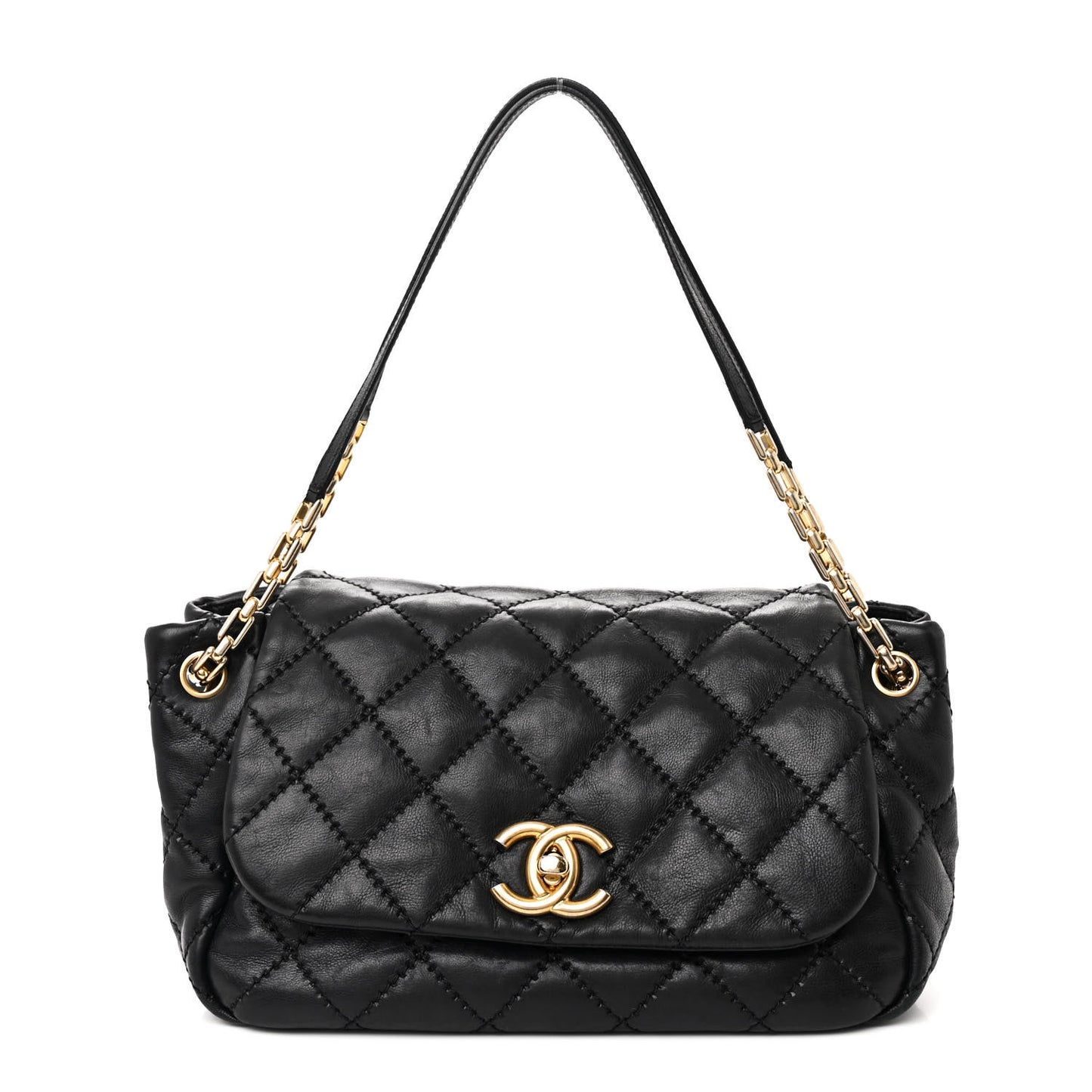 Calfskin Quilted Retro Chain Flap Black