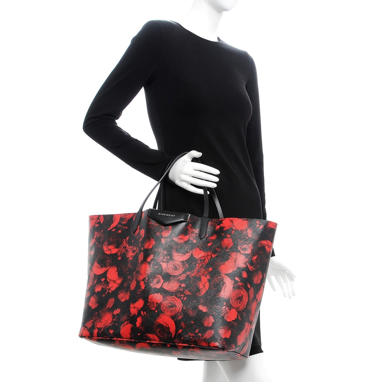 Textured Coated Canvas Floral Print Large Antigona Tote Black Red