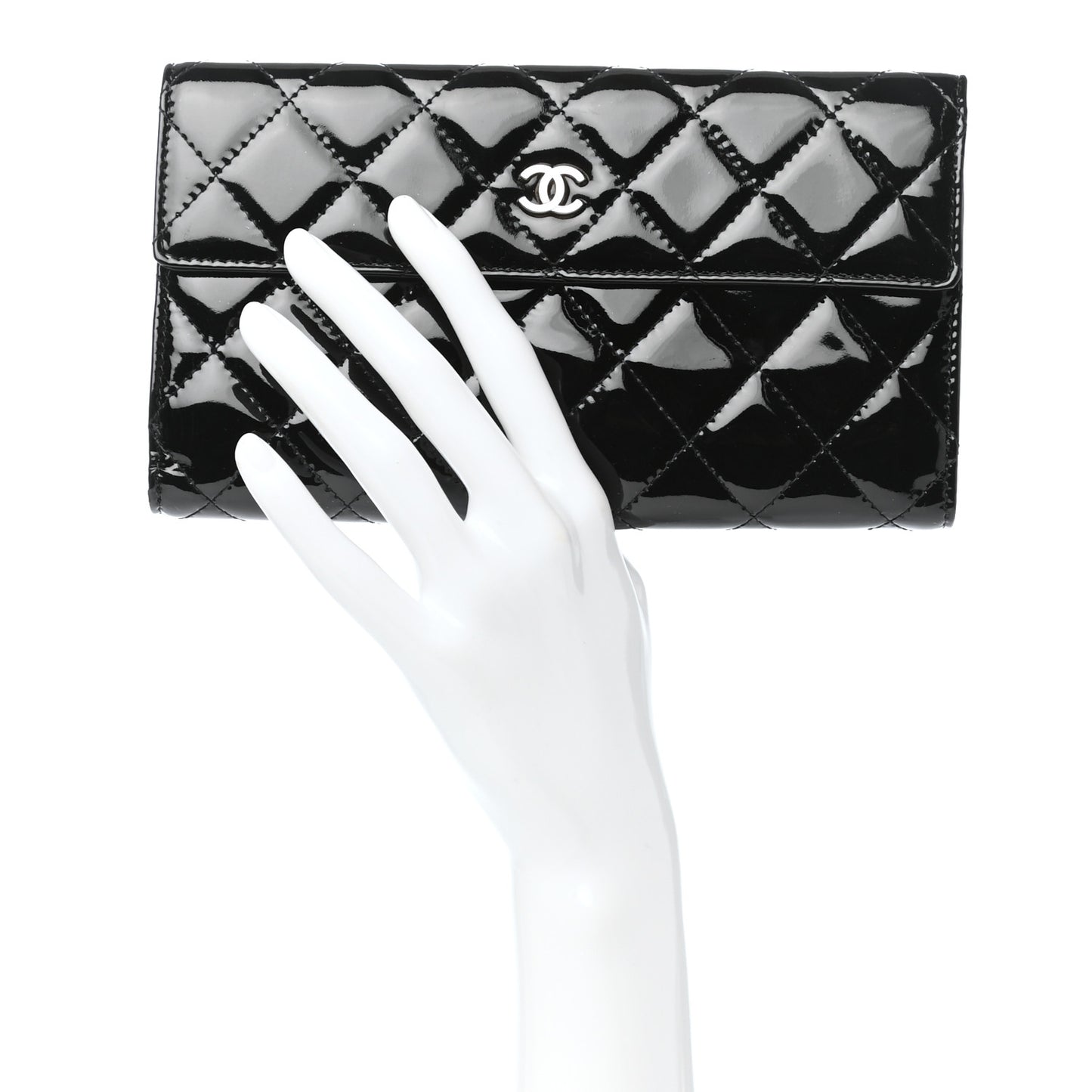 Patent Quilted Large Flap Wallet Black
