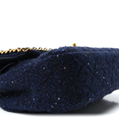 Chanel Tweed Sequin Timeless Classic Chained Double Flap Navy Blue 9 of 10