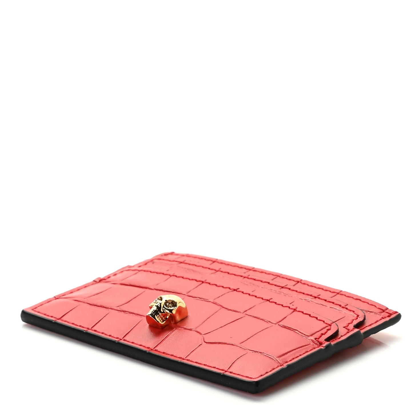 Calfskin Crocodile Embossed Skull Card Holder Scarlet Red