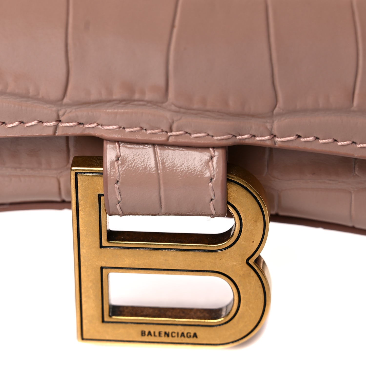 Balenciaga Shiny Calfskin Crocodile Embossed Hourglass Chain Bag Nude Beige 13 of 14